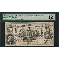 1861 $20 Confederate States of America Note T-20 PMG Fine 12 Canceled