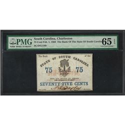 1863 75 Cent Bank of State of South Carolina Obsolete Note PMG Gem Uncirculated