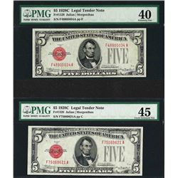 Lot of (2) 1928C $5 Legal Tender Notes Fr.1528 PMG Extremely Fine 40/45