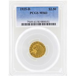 1925-D $2 1/2 Indian Head Quarter Eagle Gold Coin PCGS MS61