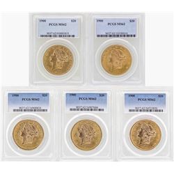 Lot of (5) 1900 $20 Liberty Head Double Eagle Gold Coins PCGS MS62