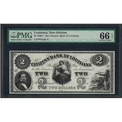 1860's $2 Citizens Bank of Louisiana Obsolete Note PMG Gem Uncirculated 66EPQ