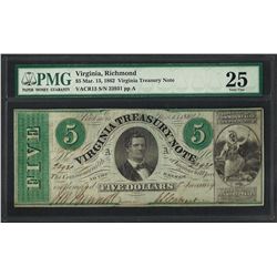 1862 $5 Virginia Treasury Note Obsolete Note PMG Very Fine 25