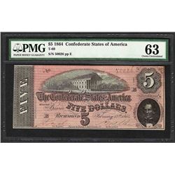 1864 $5 Confederate States of America Note T-69 PMG Choice Uncirculated 63