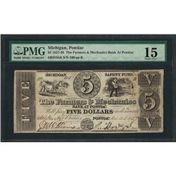 1837-38 $5 The Farmers & Mechanics Bank at Pontiac Obsolete Note PMG Choice Fine