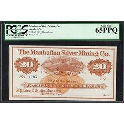 1870's $20 Manhattan Silver Mining Co. Obsolete Note PCGS Gem New 65PPQ