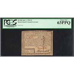 July 2, 1780 $5 Rhode Island Colonial Currency Note RI-286 PCGS Choice New 63PPQ