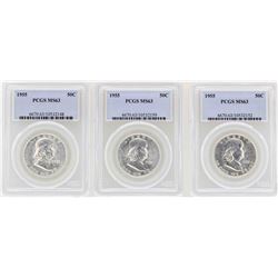 Lot of (3) 1955 Franklin Half Dollar Coins NGC MS63