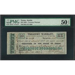 1860's $20 Texas Treasury Warrant Note PMG About Uncirculated 50EPQ