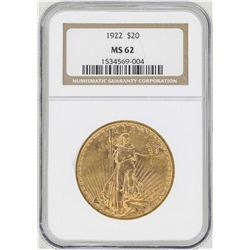 1922 $20 St. Gaudens Double Eagle Gold Coin NGC MS62