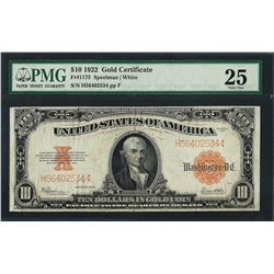 1922 $10 Gold Certificate Note Fr.1173 PMG Very Fine 25