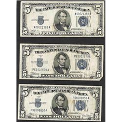 Lot of (3) 1934C $5 Silver Certificate Notes