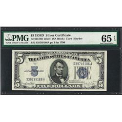 1934D $5 Silver Certificate Note Wide I Fr.1654wi PMG Gem Uncirculated 65EPQ