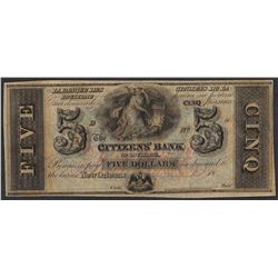 1800's $5 Citizens Bank of Louisiana Obsolete Note