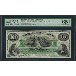 1872 $10 State of South Carolina Obsolete Note PMG Gem Uncirculated 65EPQ