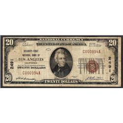 1929 $20 Los Angeles California National Currency Note CH# 2491