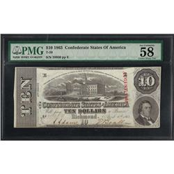 1863 $10 Confederate States of America Note T-59 PMG About Uncirculated 58EPQ Ca
