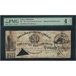 1838 $20 The Government of Texas Signed by Sam Houston Obsolete Note PMG Good 4