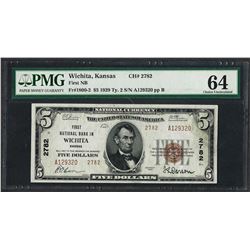 1929 $5 National Currency Note Wichita, KS CH# 2782 PMG Choice Uncirculated 64