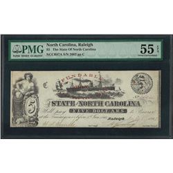 1863 $5 The State of North Carolina Obsolete Note PMG About Uncirculated 55EPQ