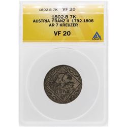 1802-B Austria 7 Kreuzer Franz II Silver Coin ANACS VF20