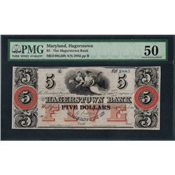 1800's $5 The Hagerstown Bank Obsolete Note PMG About Uncirculated 50