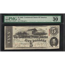 1863 $5 Confederate State of America Note T-60 PMG Very Fine 30