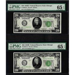 Lot of (2) 1928B $20 Federal Reserve Notes Fr.2052-G PMG Gem Uncirculated 65EPQ
