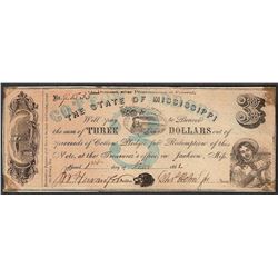 1862 $3 The State of Mississippi Obsolete Note