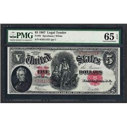 1907 $5 Woodchopper Legal Tender Note Fr.91 PMG Gem Uncirculated 65EPQ