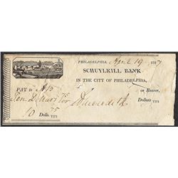 1827 Schuylkill Bank Obsolete Note- Cut Canceled