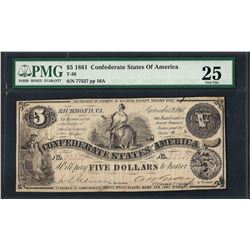 1861 $5 Confederate States of America Note T-36 PMG Very Fine 25