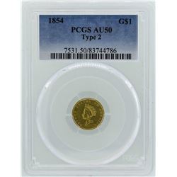 1854 $1 Indian Princess Head Gold Dollar Coin Type 2 PCGS AU50