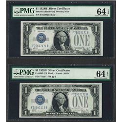 Lot of (2) Consecutive 1928B $1 Silver Certificate Notes PMG Choice Uncirculated