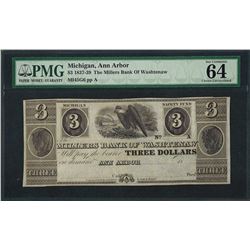 1837-39 $3 The Millers Bank of Washtenaw Obsolete Note PMG Choice Uncirculated 6
