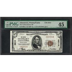 1929 $5 National Currency Note Johnstown, PA Forbidden Title CH# 5913 PMG XF45