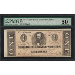 1864 $1 Confederate States of America Note T-71 PMG About Uncirculated 50EPQ