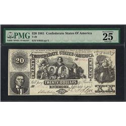 1861 $20 Confederate States of America Note T-20 PMG Very Fine 25 Canceled