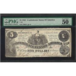 1861 $5 Confederate States of America Note T-36 PMG About Uncirculated 50