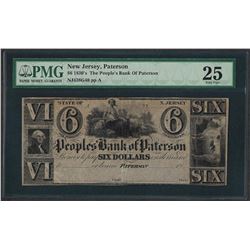 1830's $6 The People's Bank of Paterson Obsolete Note PMG Very Fine 25