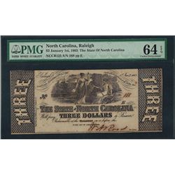 1863 $3 The State of North Carolina Obsolete Note PMG Choice Uncirculated 64EPQ