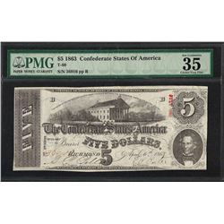 1863 $5 Confederate State of America Note T-60 PMG Choice Very Fine 35