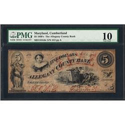 1860's $5 Allegany County Bank Obsolete Note PMG Very Good 10