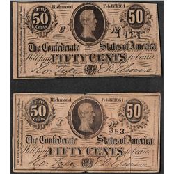Lot of (2) 1864 Fifty Cents Confederate States of America Notes