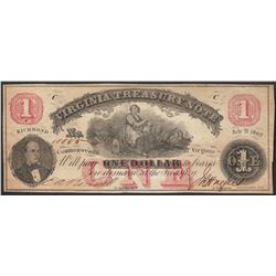 1862 $1 Virginia Treasury Obsolete Note