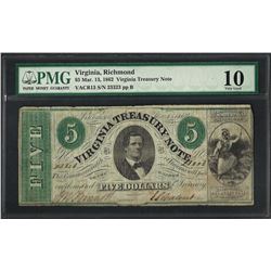 1862 $5 Virginia Treasury Note Obsolete Note PMG Very Good 10