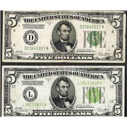 Lot of (2) 1928B $5 Federal Reserve Notes