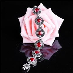 BRACELET - VINTAGE STYLE CRAFTING OF CHECKERBOARD RED STONE IN GERMAN STERLING SILVER SETTING - RETA