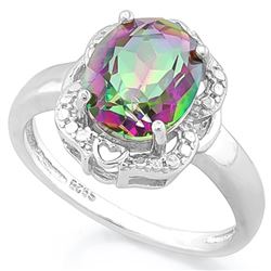 *RING - 2 3/5 CARAT MYSTIC GEMSTONE & GENUINE DIAMONDS IN 925 STERLING SILVER HEART ACCENTED SETTING