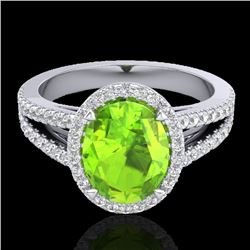 3 CTW Peridot & Micro VS/SI Diamond Halo Solitaire Ring 18K White Gold - REF-72Y2K - 20945